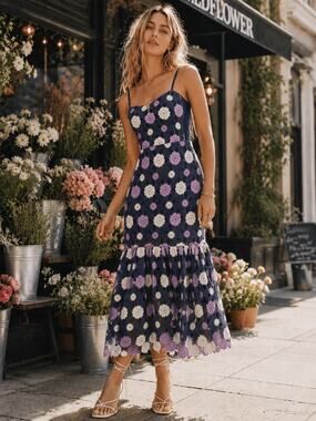 JUST ME WOMEN'S SLEEVELESS V-NECK TIERED FLORAL CROCHET MAXI DRESS